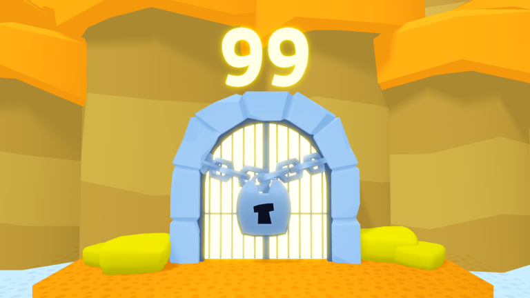 Miniatura oficial de Update 99: la puerta del spawn marcada con 99 permanece cerrada con cadenas y candado.