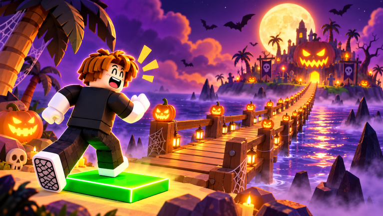 Personaje corriendo sobre un puente decorado con calabazas hacia una isla de Halloween.