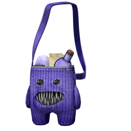 Bolsa morada con rostro monstruoso, correa y objetos en su bolsillo.