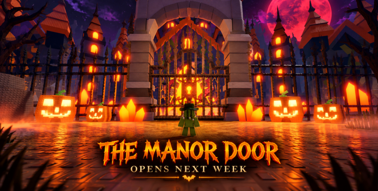 Miniatura oficial de Halloween PART 2: una puerta cerrada y en llamas en Abandoned Manor, rodeada de calabazas.