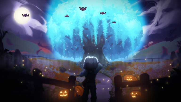 Personaje frente a un árbol azul iluminado, con calabazas, murciélagos y luna llena en Caramel.
