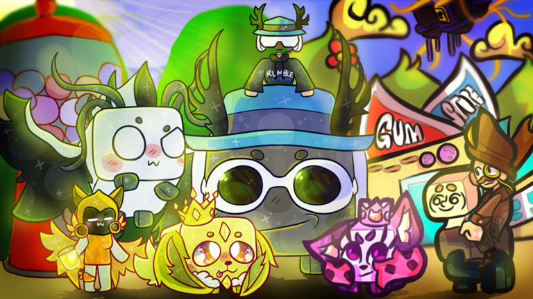 Personajes y mascotas de Bubble Gum Simulator en una escena verde de aspecto radioactivo.