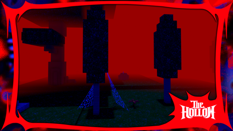 Bosque oscuro iluminado en rojo con el logotipo de The Hollow