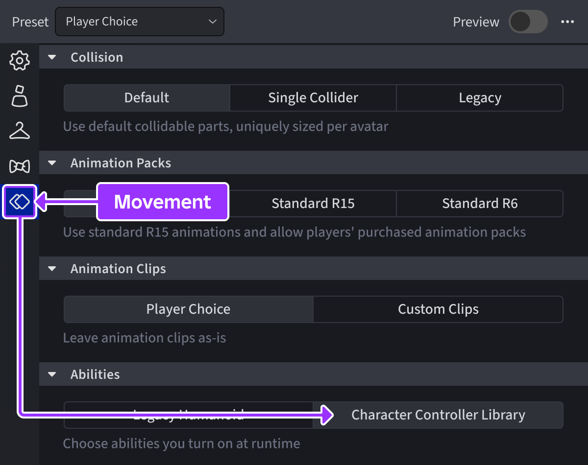 Character Controller Library seleccionada en Avatar Settings de Roblox Studio.