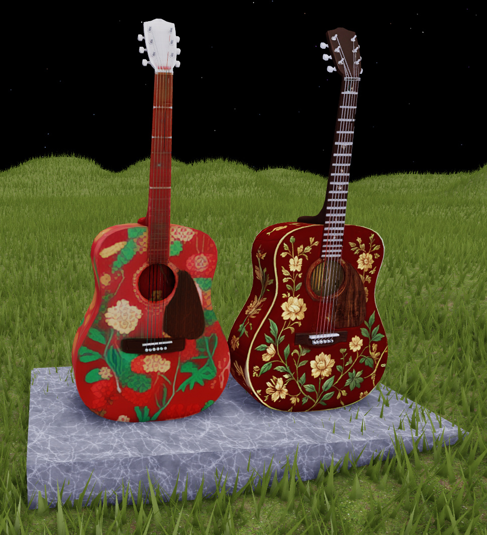 Comparación lado a lado de una guitarra con textura oxidada generada en modo Fast y Quality.